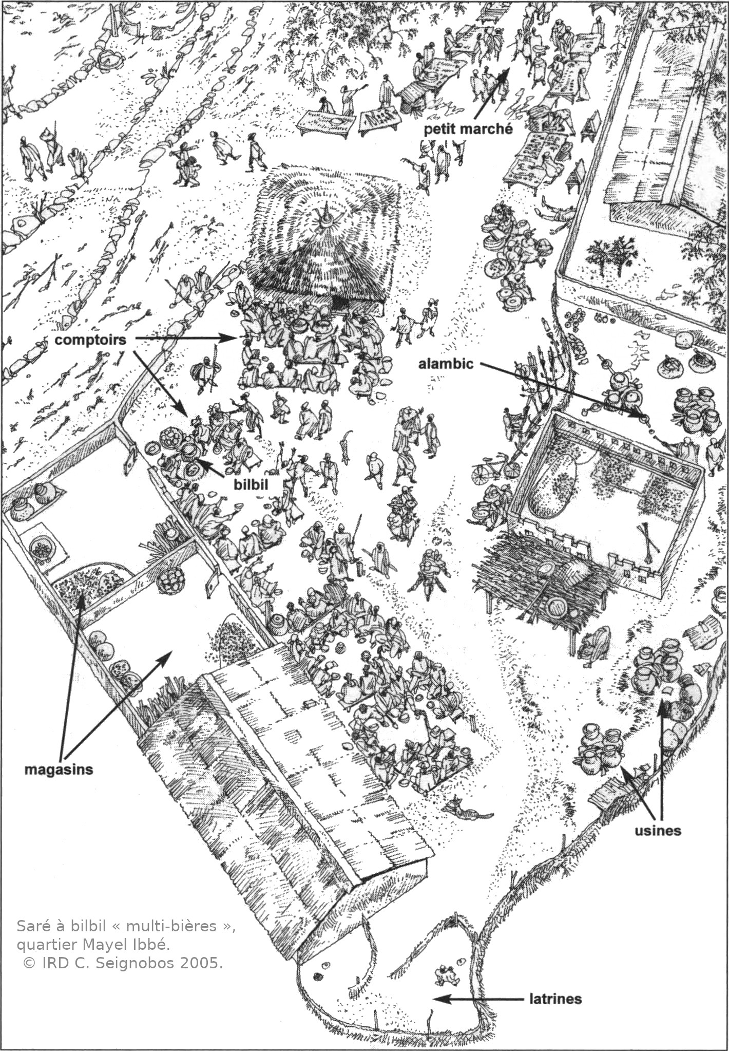 Drawing 1. Saré à bilbil « multi-beers », Mayel Ibbé district. © IRD C. Seignobos 2005.